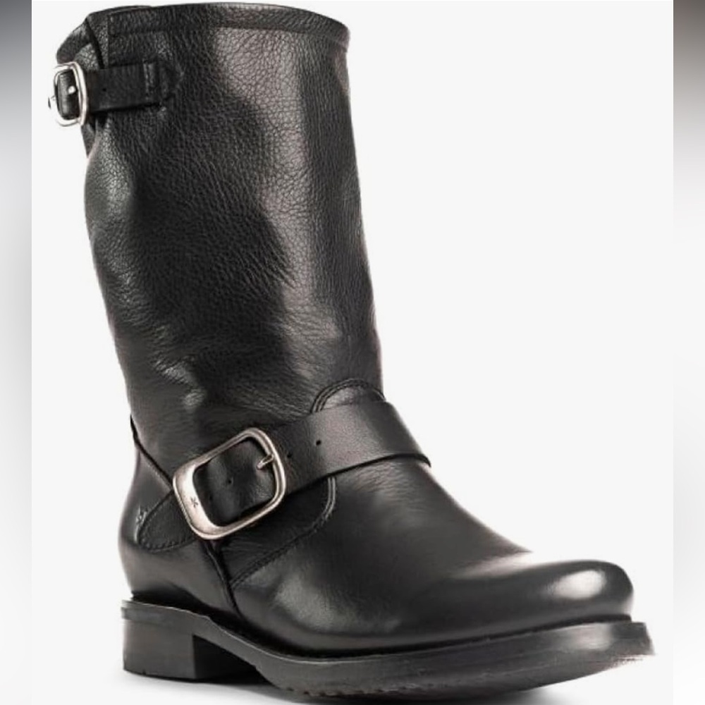 Frye Black Leather Mid-Calf Engineer Boot with Buckles